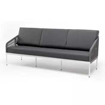 "Канны" диван 3-местный плетеный из роупа, каркас алюминий белый муар, роуп светло-серый круглый, ткань серая 017 4SIS арт.УТ-00009500