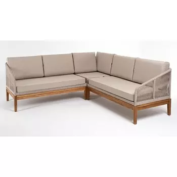 "Канны" диван модульный плетеный из роупа, основание дуб, роуп бежевый круглый, ткань бежевая 052 4SIS арт.УТ-00007274