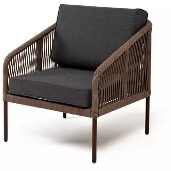 "Канны" кресло плетеное из роупа, каркас алюминий коричневый (RAL8016) муар, роуп коричневый круглый, ткань темно-серая 027 4SIS арт.УТ-00007761