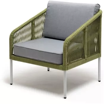 "Канны" кресло плетеное из роупа, каркас алюминий светло-серый (RAL7035) муар, роуп салатовый меланж круглый, ткань светло-серая 4SIS арт.УТ-00007839
