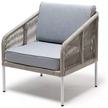 "Канны" кресло плетеное из роупа, каркас алюминий светло-серый (RAL7035) муар, роуп светло-серый круглый, ткань светло-серая 4SIS арт.УТ-00007307