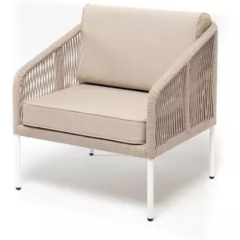 "Канны" кресло плетеное из роупа, каркас алюминий белый, муар, роуп бежевый круглый, ткань бежевая 052 4SIS арт.УТ-00009177