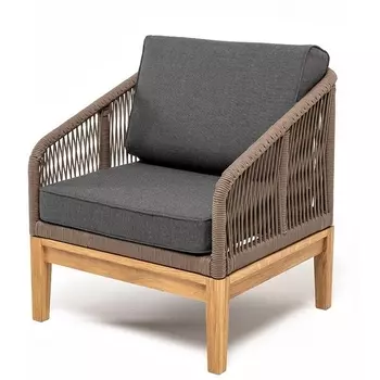 "Канны" кресло плетеное из роупа, основание дуб, роуп коричневый круглый, ткань темно-серая 027 4SIS арт.УТ-00008330