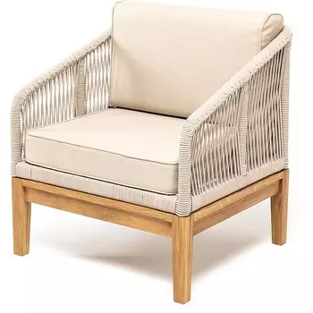 "Канны" кресло плетеное из роупа, основание дуб, роуп бежевый круглый, ткань бежевая 052 4SIS арт.УТ-00007318