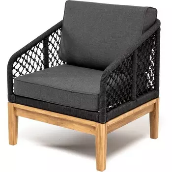 "Канны" кресло плетеное из роупа (узелки), основание дуб, роуп темно-серый круглый, ткань серая 4SIS арт.УТ-00004750