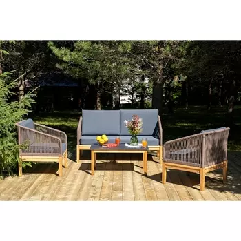 "Канны" лаунж-зона 4-местная из роупа со столиком "Канны" (серый гранит), основание дуб, роуп коричневый 4SIS арт.УТ-00004760