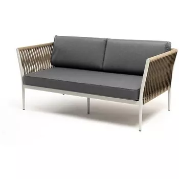 "Касабланка" диван 2-местный плетеный из роупа, каркас алюминий светло-серый (RAL7035) муар, роуп серо-коричневый 23мм, ткань серая 017 4SIS арт.УТ-00006209
