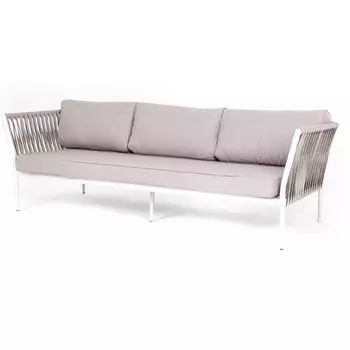 "Касабланка" диван 3-местный плетеный из роупа, каркас алюминий белый муар, роуп бежевый 20мм, ткань бежевая 052 4SIS арт.УТ-00007005