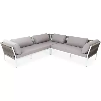 "Касабланка" диван модульный плетеный из роупа, каркас алюминий, роуп серо-коричневый 23мм, ткань бежевая 052 4SIS арт.УТ-00003546