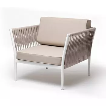 "Касабланка" кресло плетеное из роупа, каркас алюминий белый муар, роуп бежевый 20мм, ткань бежевая 052 4SIS арт.УТ-00007006