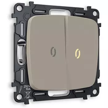 Комплект механизма Ambrella Volt 2-клавишного проходного выключателя с подсветкой 3200K OMEGA MO364030 Серо-бежевый матовый QUANT