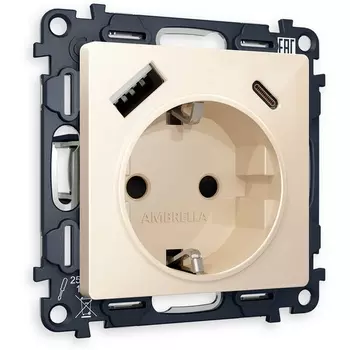Комплект механизма Ambrella Volt электрической розетки ALFA MA310010 Бежевый глянец 2USB A+C 20W быстрая зарядка с заземлением и шторками 2P+E 16A-250V QUANT