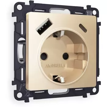Комплект механизма Ambrella Volt электрической розетки ALFA MA610010 Шампань 2USB A+C 20W быстрая зарядка с заземлением и шторками 2P+E 16A-250V QUANT