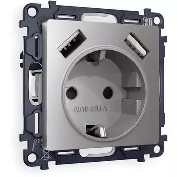 Комплект механизма Ambrella Volt электрической розетки ALFA MA509010 Сталь матовый 2USB A+A 18W быстрая зарядка с заземлением и шторками 2P+E 16A-250V QUANT