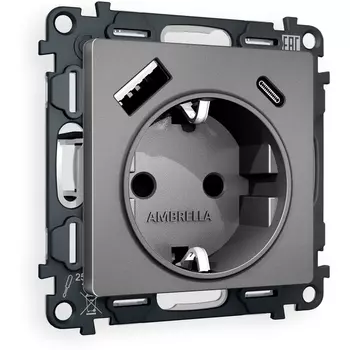 Комплект механизма Ambrella Volt электрической розетки ALFA MA660010 Антрацит серый 2USB A+C 20W быстрая зарядка с заземлением и шторками 2P+E 16A-250V QUANT