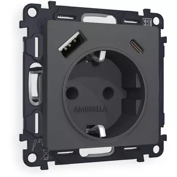 Комплект механизма Ambrella Volt электрической розетки ALFA MA910010 Графит мягкое касание 2USB A+C 20W быстрая зарядка с заземлением и шторками 2P+E 16A-250V QUANT
