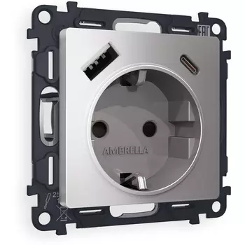 Комплект механизма Ambrella Volt электрической розетки ALFA MA510010 Сталь матовый 2USB A+C 20W быстрая зарядка с заземлением и шторками 2P+E 16A-250V QUANT
