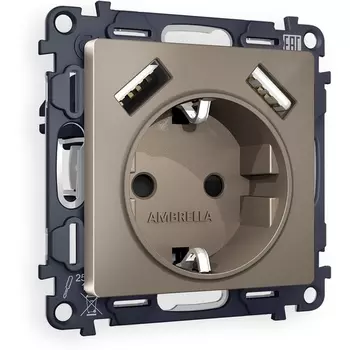 Комплект механизма Ambrella Volt электрической розетки ALFA MA639010 Темная бронза матовый 2USB A+A 18W быстрая зарядка с заземлением и шторками 2P+E 16A-250V QUANT