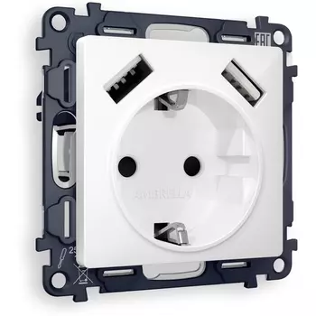 Комплект механизма Ambrella Volt электрической розетки ALFA MA109010 Белый глянец 2USB A+A 18W быстрая зарядка с заземлением и шторками 2P+E 16A-250V QUANT