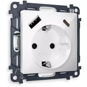 Комплект механизма Ambrella Volt электрической розетки ALFA MA110010 Белый глянец 2USB A+C 20W быстрая зарядка с заземлением и шторками 2P+E 16A-250V QUANT