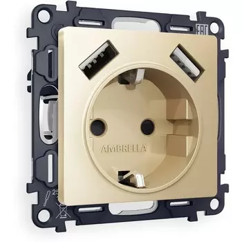 Комплект механизма Ambrella Volt электрической розетки ALFA MA609010 Шампань 2USB A+A 18W быстрая зарядка с заземлением и шторками 2P+E 16A-250V QUANT