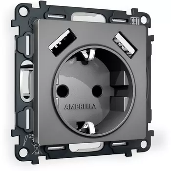 Комплект механизма Ambrella Volt электрической розетки ALFA MA659010 Антрацит серый 2USB A+A 18W быстрая зарядка с заземлением и шторками 2P+E 16A-250V QUANT