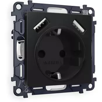 Комплект механизма Ambrella Volt электрической розетки ALFA MA809010 Черный матовый 2USB A+A 18W быстрая зарядка с заземлением и шторками 2P+E 16A-250V QUANT