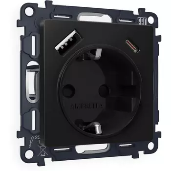 Комплект механизма Ambrella Volt электрической розетки ALFA MA810010 Черный матовый 2USB A+C 20W быстрая зарядка с заземлением и шторками 2P+E 16A-250V QUANT