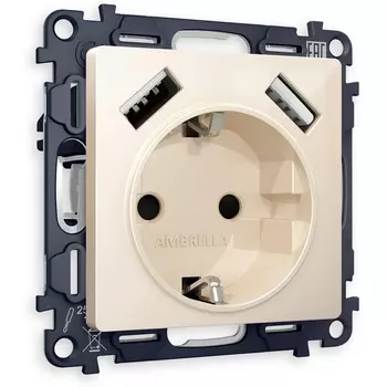 Комплект механизма Ambrella Volt электрической розетки ALFA MA309010 Бежевый глянец 2USB A+A 18W быстрая зарядка с заземлением и шторками 2P+E 16A-250V QUANT