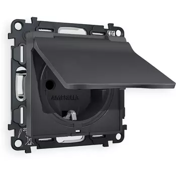 Комплект механизма Ambrella Volt электрической розетки ALFA MA908010 Графит мягкое касание с заземлением с шторками и защитной крышкой 2P+E 16A-250V IP44 QUANT