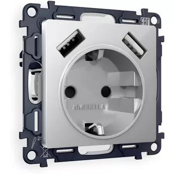 Комплект механизма Ambrella Volt электрической розетки ALFA MA409010 Серебро глянец 2USB A+A 18W быстрая зарядка с заземлением и шторками 2P+E 16A-250V QUANT