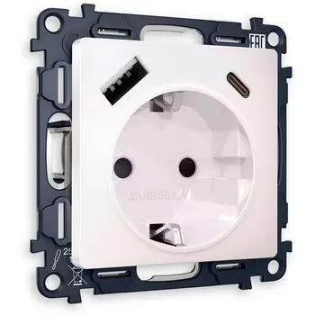 Комплект механизма Ambrella Volt электрической розетки ALFA MA210010 Жемчуг 2USB A+C 20W быстрая зарядка с заземлением и шторками 2P+E 16A-250V QUANT