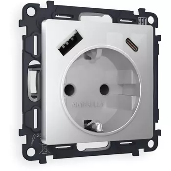 Комплект механизма Ambrella Volt электрической розетки ALFA MA410010 Серебро глянец 2USB A+C 20W быстрая зарядка с заземлением и шторками 2P+E 16A-250V QUANT