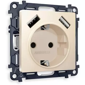 Комплект механизма Ambrella Volt электрической розетки ALFA MA329010 Бежевый матовый 2USB A+A 18W быстрая зарядка с заземлением со шторками 2P+E 16A-250V QUANT