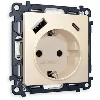 Комплект механизма Ambrella Volt электрической розетки ALFA MA330010 Бежевый матовый 2USB A+C 20W быстрая зарядка с заземлением со шторками 2P+E 16A-250V QUANT
