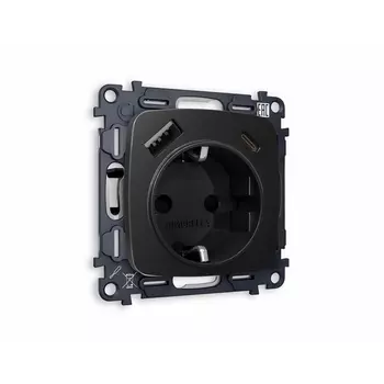 Комплект механизма Ambrella Volt электрической розетки OMEGA MO810010 Черный матовый 2USB A+C 20W быстрая зарядка с заземлением и шторками 2P+E 16A-250V QUANT