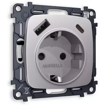 Комплект механизма Ambrella Volt электрической розетки OMEGA MO510010 Сталь матовый 2USB A+C 20W быстрая зарядка с заземлением и шторками 2P+E 16A-250V QUANT