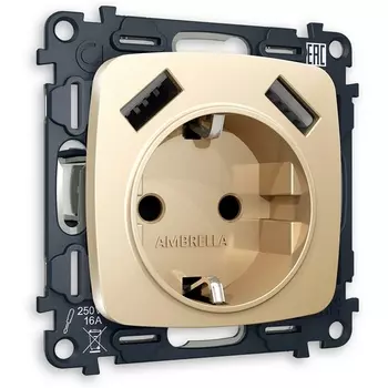 Комплект механизма Ambrella Volt электрической розетки OMEGA MO609010 Шампань 2USB A+A 18W быстрая зарядка с заземлением и шторками 2P+E 16A-250V QUANT