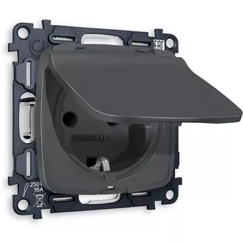 Комплект механизма Ambrella Volt электрической розетки OMEGA MO908010 Графит мягкое касание с заземлением с шторками и защитной крышкой 2P+E 16A-250V IP44 QUANT