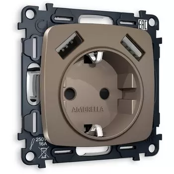 Комплект механизма Ambrella Volt электрической розетки OMEGA MO639010 Темная бронза матовый 2USB A+A 18W быстрая зарядка с заземлением и шторками 2P+E 16A-250 QUANT