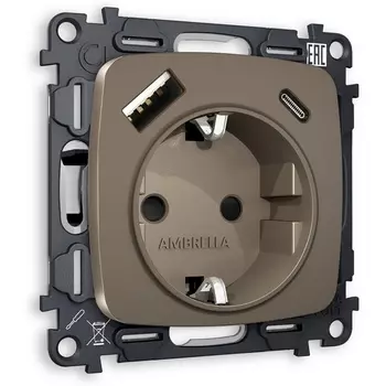 Комплект механизма Ambrella Volt электрической розетки OMEGA MO640010 Темная бронза матовый 2USB A+C20W быстрая зарядка с заземлением и шторками 2P+E 16A-250V QUANT