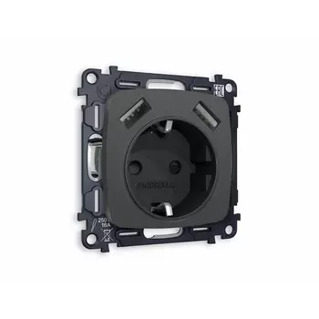 Комплект механизма Ambrella Volt электрической розетки OMEGA MO909010 Графит мягкое касание 2USB A+A 18W быстрая зарядка с заземлением и шторками 2P+E 16A-250 QUANT