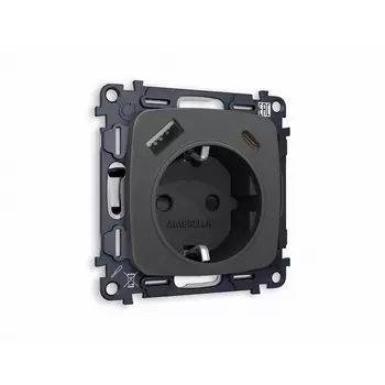 Комплект механизма Ambrella Volt электрической розетки OMEGA MO910010 Графит мягкое касание 2USB A+C 20W быстрая зарядка с заземлением и шторками 2P+E 16A-250 QUANT