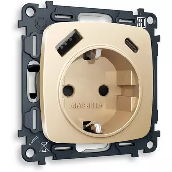 Комплект механизма Ambrella Volt электрической розетки OMEGA MO610010 Шампань 2USB A+C 20W быстрая зарядка с заземлением и шторками 2P+E 16A-250V QUANT