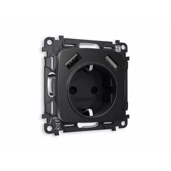 Комплект механизма Ambrella Volt электрической розетки OMEGA MO809010 Черный матовый 2USB A+A 18W быстрая зарядка с заземлением и шторками 2P+E 16A-250V QUANT