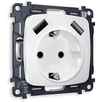 Комплект механизма Ambrella Volt электрической розетки OMEGA MO129010 Белый матовый 2USB A+A 18W быстрая зарядка с заземлением со шторками 2P+E 16A-250V QUANT