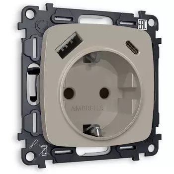 Комплект механизма Ambrella Volt электрической розетки OMEGA MO370010 Серо-бежевый матовый 2USB A+C 20W быстрая зарядка с заземлением со шторками 2P+E 16A-250 QUANT