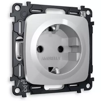 Комплект механизма Ambrella Volt электрической розетки OMEGA MO406010 Серебро глянец с заземлением на винтовых зажимах 2P+E 16A-250V QUANT