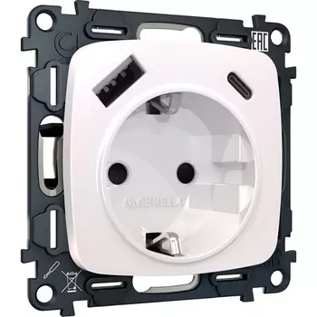 Комплект механизма Ambrella Volt электрической розетки OMEGA MO210010 Жемчуг 2USB A+C 20W быстрая зарядка с заземлением и шторками 2P+E 16A-250V QUANT