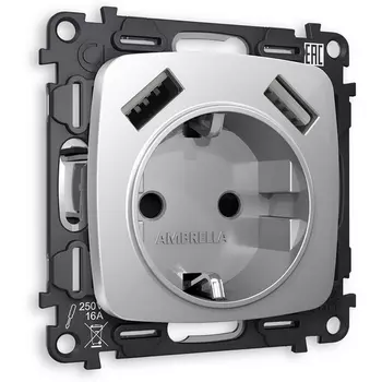 Комплект механизма Ambrella Volt электрической розетки OMEGA MO409010 Серебро глянец 2USB A+A 18W быстрая зарядка с заземлением и шторками 2P+E 16A-250V QUANT